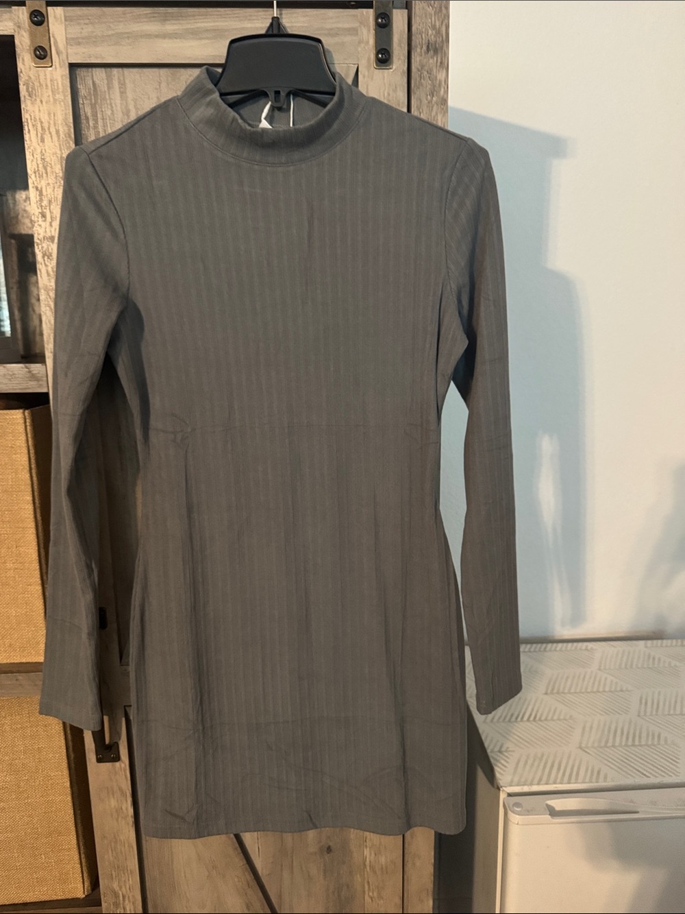Long Sleeve Ribbed Mock Neck Dress in Gray